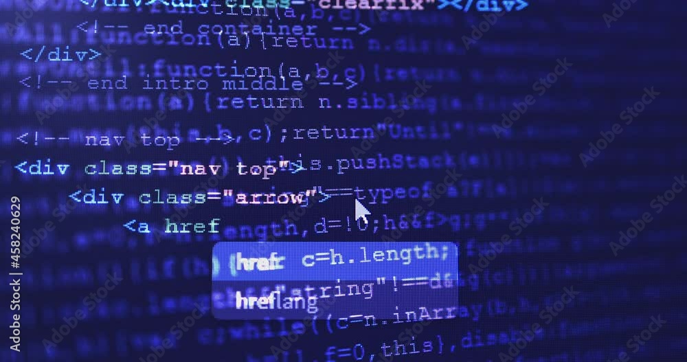 Aufkleber 4K Close up shot HTML tag code on PC Monitor scroll down on blue screen. Background concept for programming and coding web development.