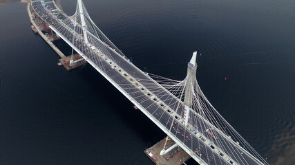 Aerial top view of modern multi lane cable-stayed bridge 