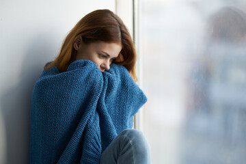 woman attractive look with a blue plaid morning