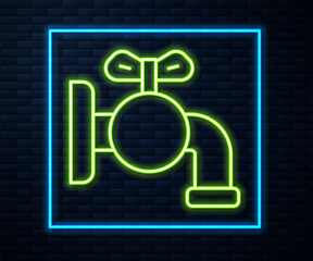 Glowing neon line Tap for a barrel icon isolated on brick wall background. Vector