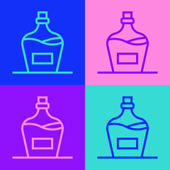 Pop art line Old bottle of wine icon isolated on color background. Bottle of homemade wine. Vector