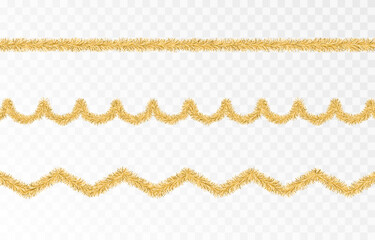Vector Christmas tinsel. Gold tinsel png, gold garland, decor element. Christmas, holiday.