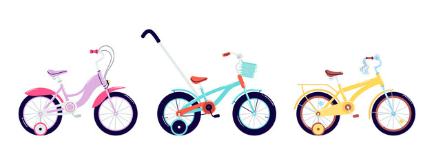 Colored balance bicycles isolated. Set of drawn bright kids four-wheeled bicycles with handles. Flat vector illustration of pedal vehicles for girls and boys of different ages on a white background.
