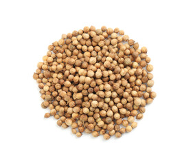 Heap of dried coriander seeds on white background, top view