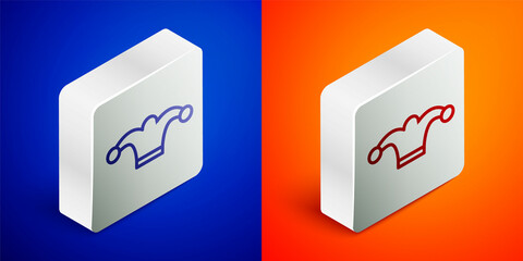 Isometric line Jester hat with bells isolated on blue and orange background. Clown icon. Amusement park funnyman sign. Silver square button. Vector