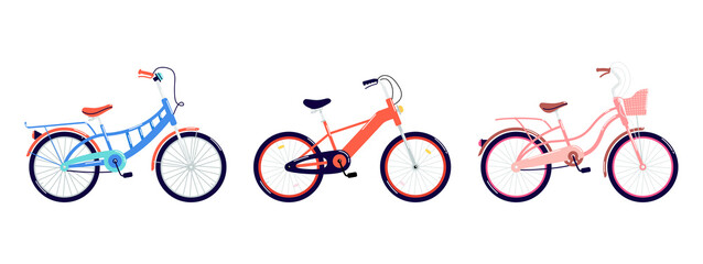 Naklejka premium Colored bicycles isolated. Set of drawn bright pedal vehicles. Flat vector illustration of bikes for women and men of different ages on a white background.