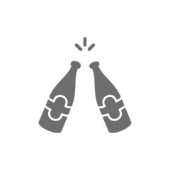 Vector toasting beer bottles, cheers grey icon.