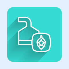White line Traditional brewing vessels in brewery icon isolated with long shadow background. Beer brewing process. Distillery plant, brewery. Green square button. Vector