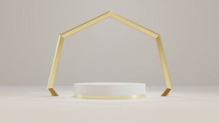 3D rendering of white and gold color podium with minimal background of gold diamond pipe. Stage show mockup with shapes and geometry.