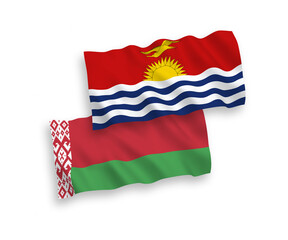 National vector fabric wave flags of Republic of Kiribati and Belarus isolated on white background. 1 to 2 proportion.