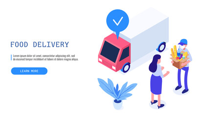Food delivery service concept. Deliveryman gives the box with food to the female client. Isometric vector web banner.