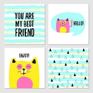 Happy cat greeting cards for friend, vector illustrations