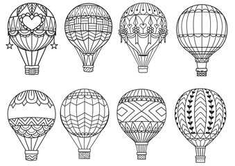 8 designs of hot air balloon for printing, engraving, laser cutting, paper cutting or coloring page. Vector illustration.