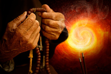 Close-up of hands with buddhist rosary