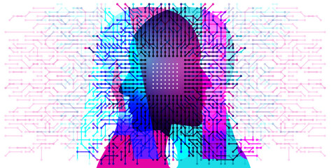 A female and male side silhouette positioned face to face overlaid with semi-transparent computer circuit board details and pattens. Positioned across the composition centre are the letters “A.I.”