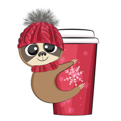 Cute christmas sloth. Winter holidays high quality illustration. 