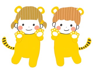 ポップなトラの着ぐるみを着たかわいい子供達