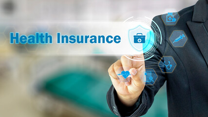 Business people choosing to icons related to health insurance medical personnel Medical treatment and benefits, health insurance concepts. and investment in the health insurance business