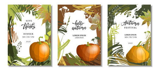 Thanksgiving greeting cards or invitations with pumpkins. Autumn backgrounds. Flyers set.