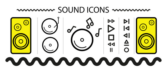 Sound icon set with speakers, compact disc, gramophone, music control panel. Design elements for your app, site, template. Vector illustration