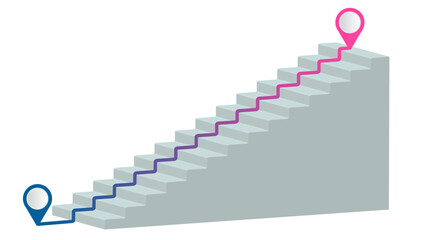 Stair with blue and red pointers on white background. Map pin. Success concept.