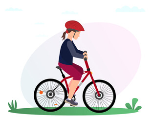 A girl in the helmet riding a bike, sport life concept, healthy lifestyle concept, flat vector illustration 