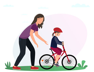 Young  woman or mother teaching a girl in the helmet to ride a bike, healthy lifestyle concept, sport activity concept, flat vector 