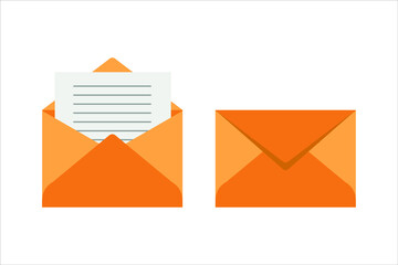 Opened and closed envelope with note paper card. Mail icon. Vector illustration.