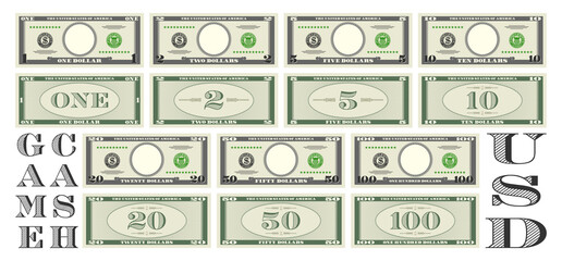 Set of fictional game paper money in the style of US dollars. Gray obverse and green reverse of banknotes with denominations of one, two, five, ten, 20, 50 and 100. Empty round in center - obrazy, fototapety, plakaty