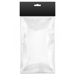 White Black Blank Plastic Pocket Bag With Shadow. Transparent. With Hang Slot. Illustration Isolated On White Background. Mock Up Template Ready For Your Design. Vector EPS10