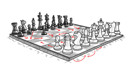 Illustration of board with chess pieces. Strategy for winning © New Africa