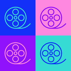 Pop art line Film reel icon isolated on color background. Vector