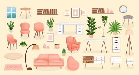 Set of furniture for the bedroom, hallway, living room, office. Collection of items for the interior of an apartment, office, home. Vector illustration in flat cartoon style. Housing elements.