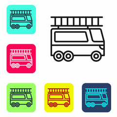 Black line Fire truck icon isolated on white background. Fire engine. Firefighters emergency vehicle. Set icons in color square buttons. Vector