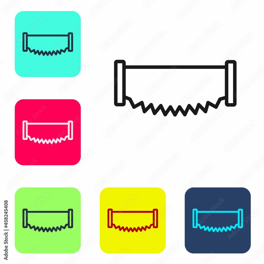 Poster black line two-handed saw icon isolated on white background. set icons in color square buttons. vect