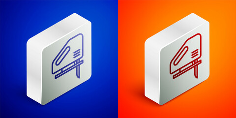 Isometric line Electric jigsaw with steel sharp blade icon isolated on blue and orange background. Power tool for woodwork. Silver square button. Vector