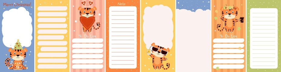 Weekly or daily planner set, note paper, to-do list decorated with cute tiger with Christmas tree, autumn leaves, big heart and sun glasses. Vector illustration. Vertical seasonal sticker templates