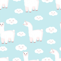 Seamless pattern with funny llama and clouds on a blue background. Vector illustration suitable for baby texture, textile, fabric, poster, greeting card, decor. Cute alpaca from Peru.