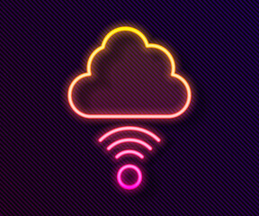 Glowing neon line Network cloud connection icon isolated on black background. Social technology. Cloud computing concept. Vector