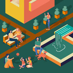 Peope relaxing outside, walking, woman playing with children, blind man and dog near fountain