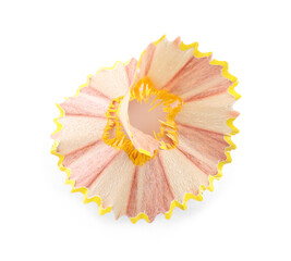 One colorful pencil shaving isolated on white, top view
