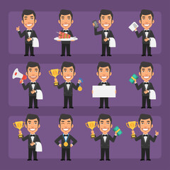Young waiter in black suit in different poses and emotions Pack 1. Big character set