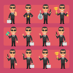 Young security guard in black suit in different poses and emotions Pack 1. Big character set