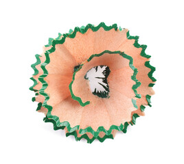 One colorful pencil shaving isolated on white, top view