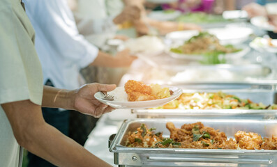 buffet food, catering food party at restaurant, mini canapes, snacks and appetizers
