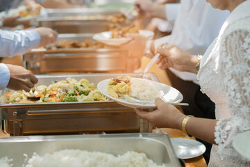 buffet food, catering food party at restaurant, mini canapes, snacks and appetizers
