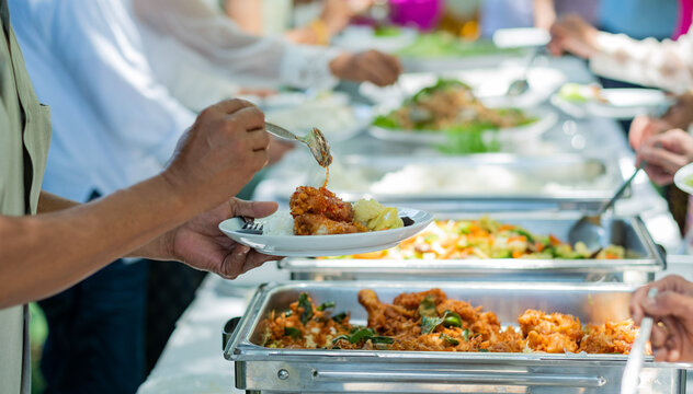 buffet food, catering food party at restaurant, mini canapes, snacks and appetizers

