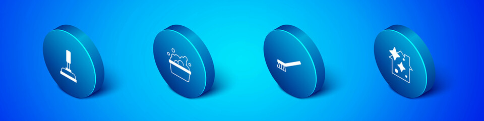 Set Isometric Rubber plunger, Brush for cleaning, Home service and Basin with soap suds icon. Vector