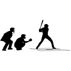 Baseball catcher, batter and umpire in ready position to playing. Baseball Home Plate umpire, catcher, batter at work on baseball field detailed realistic silhouette