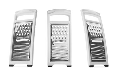 Stainless steel graters on white background, collage